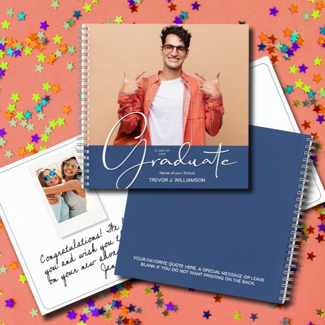 Foto Abschluss Guest Book Keepake Notizbuch (CHOOSE your page style, spine color, soft or hard cover and add a personal message on the back.)