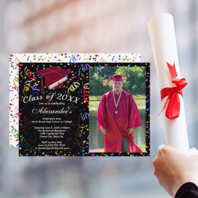 Foto Abschluss Red Cap Confetti Class 20XX Party Einladung (Photo Graduation Red Cap Confetti Class 20XX Party Invitation)