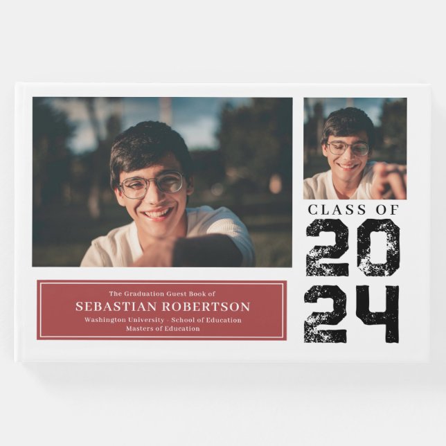 Foto Abschluss School Red and White Guest Book Gästebuch (Vorderseite)
