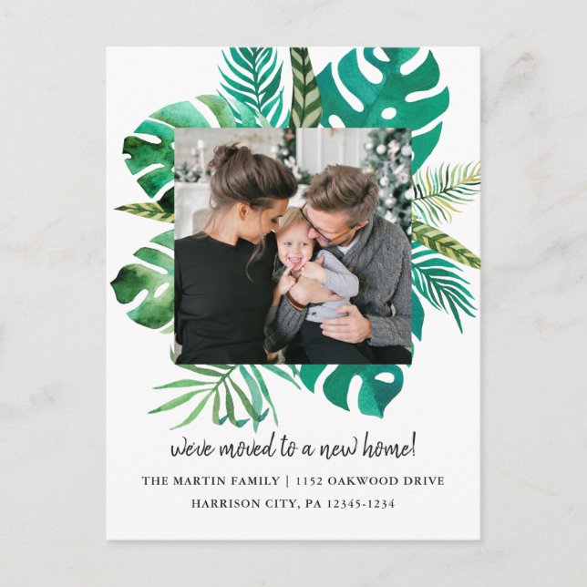 Foto "Adresswechsel in tropischen Blätter" Ankündigungspostkarte (Vorderseite)