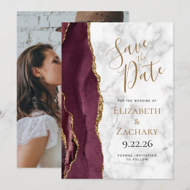 Foto Agate Burgundy Gold Marble Save the Date Einladung (Vorne/Hinten)