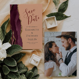 Foto Agate Burgundy Gold Peach Save the Date Card Einladung