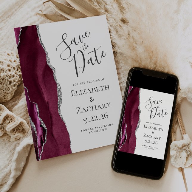 Foto Agate Burgundy Silver Save the Date Karte (Von Creator hochgeladen)