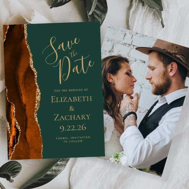 Foto Agate Burnt Orange Dark Green Save the Date Einladung (Von Creator hochgeladen)