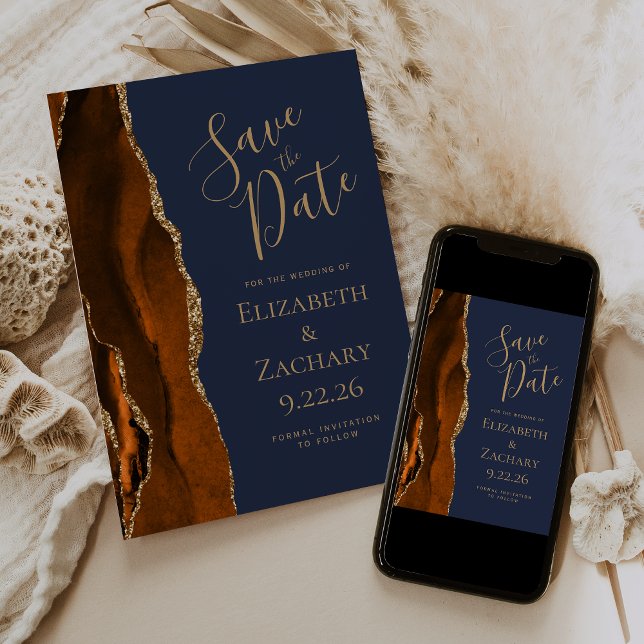 Foto Agate Burnt Orange Navy Blau Save the Date Einladung (Von Creator hochgeladen)
