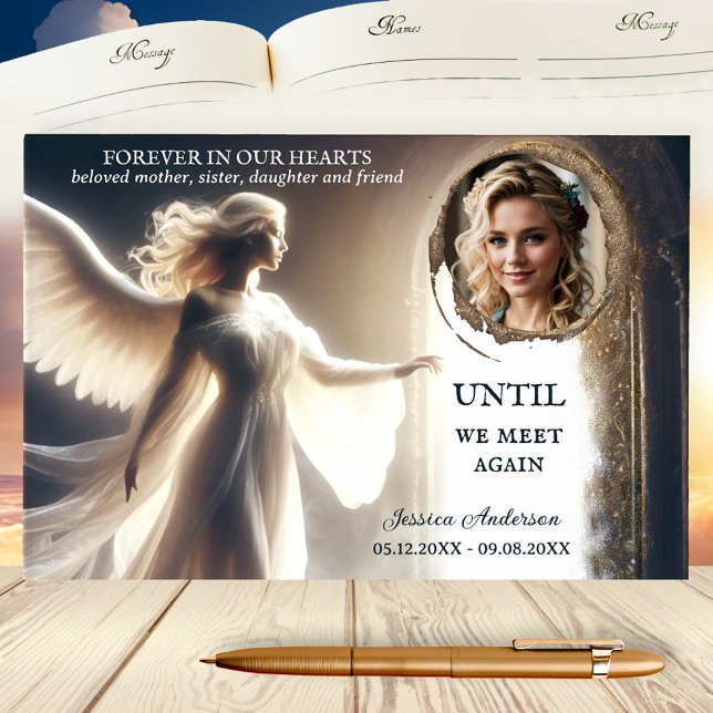 Foto Angel Afterlife Memorial Gästebuch (Sympathy guest book featuring your photo framed by a spiritual design with an angel and doorway)