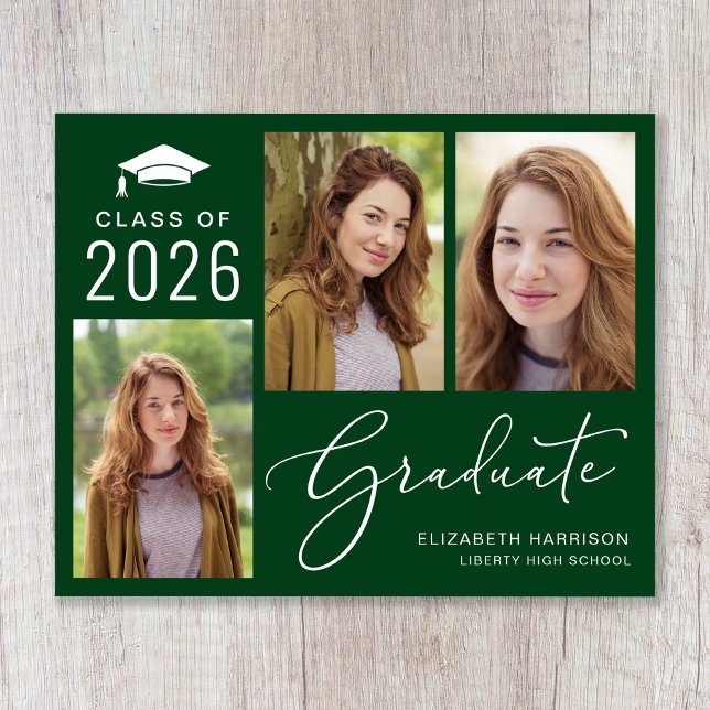 Foto Ankündigung des Grünen Abschlusses (An elegant photo collage graduation announcement to celebrate the graduate's achievements)