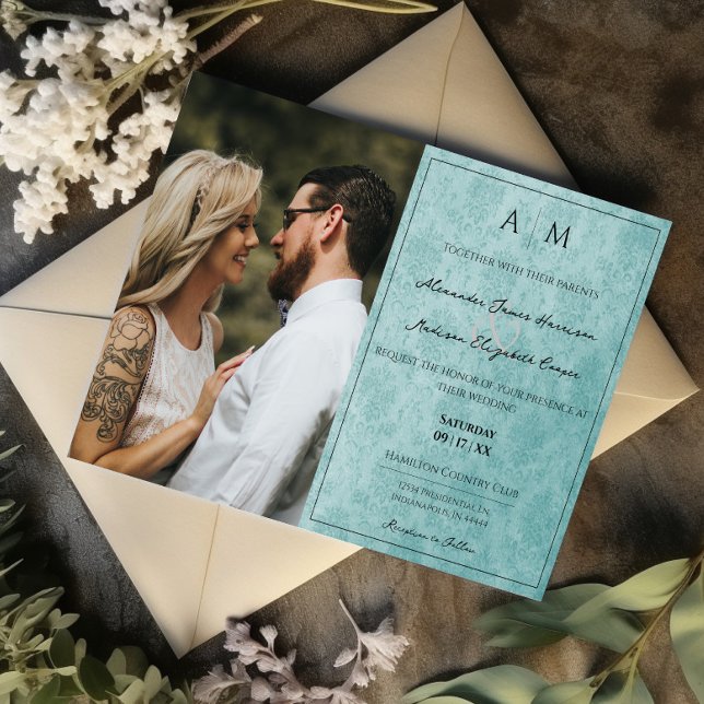 Foto Aquamarin Damask Monogram Wedding Einladung (Teal Photo Damask Monogram Wedding Invitation)