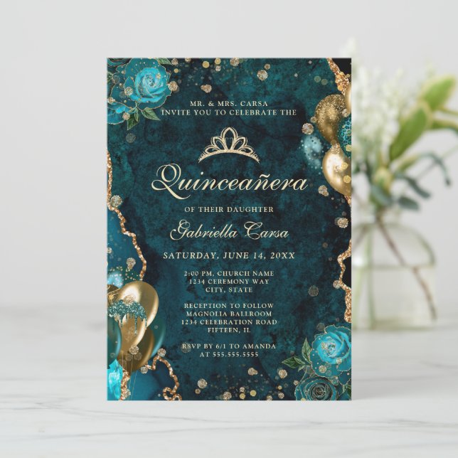 Foto Aquamarin Gold Floral Agate Quinceanera Einladung (Stehend Vorderseite)
