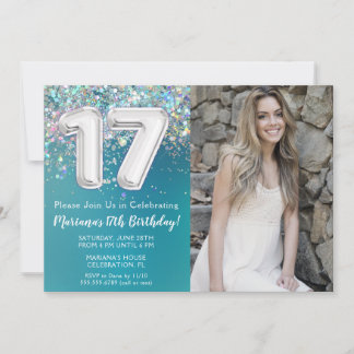 Foto Aquamarin Silver Glitzer 17. Geburtstag Einladung