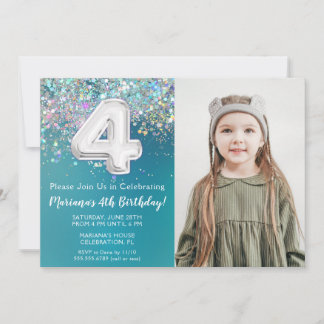 Foto Aquamarin Silver Glitzer 4. Geburtstag Einlad Einladung