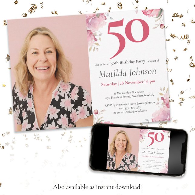 Foto Aquarell Blumenrosa 50. Geburtstagsparty Einladung (50th Birthday Watercolor Floral Pink Custom Photo Invitation)