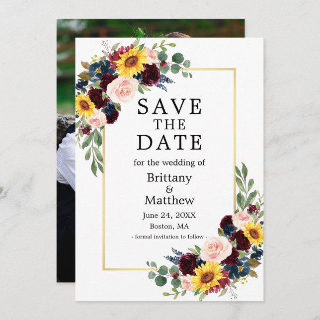 Foto Aquarell Mixed Floral Gold Rahmen Elegant Save The Date (Vorne/Hinten)