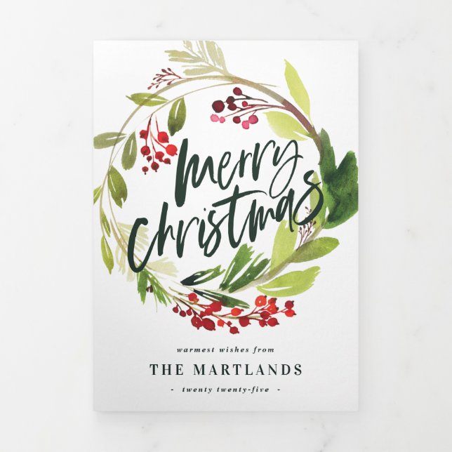 Foto Aquarellblumen + Weihnachtsfeiertagen Dreifach Gefaltete Urlaubskarte (Cover)