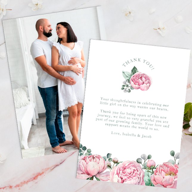 Foto Aquarellblüten und Eukalyptus Grünpflanzen Dankeskarte (Photo Thank You Card)