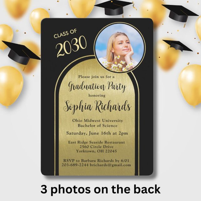 Foto Arch Elegante Black Gold Graduation Party Einladung (Von Creator hochgeladen)