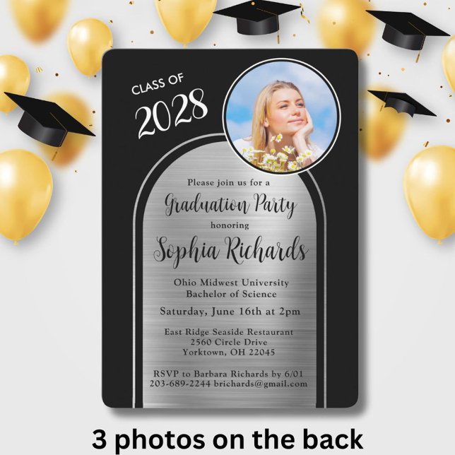 Foto Arch Elegante Black Silver Graduation Party Einladung (Von Creator hochgeladen)