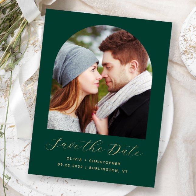 Foto Arch Emerald Green Gold Save the Date Postkarte (Von Creator hochgeladen)