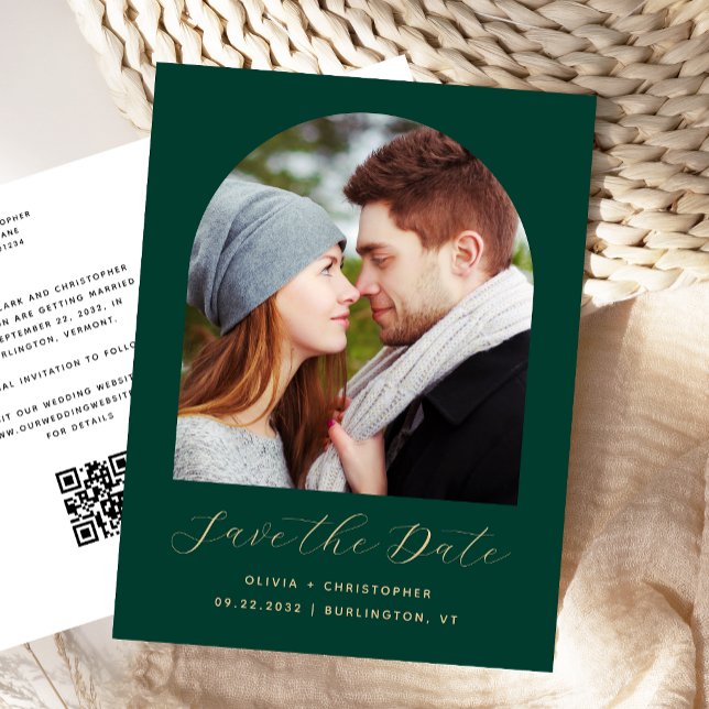 Foto Arch Emerald Green QR-Code Save the Date Postkarte (Von Creator hochgeladen)