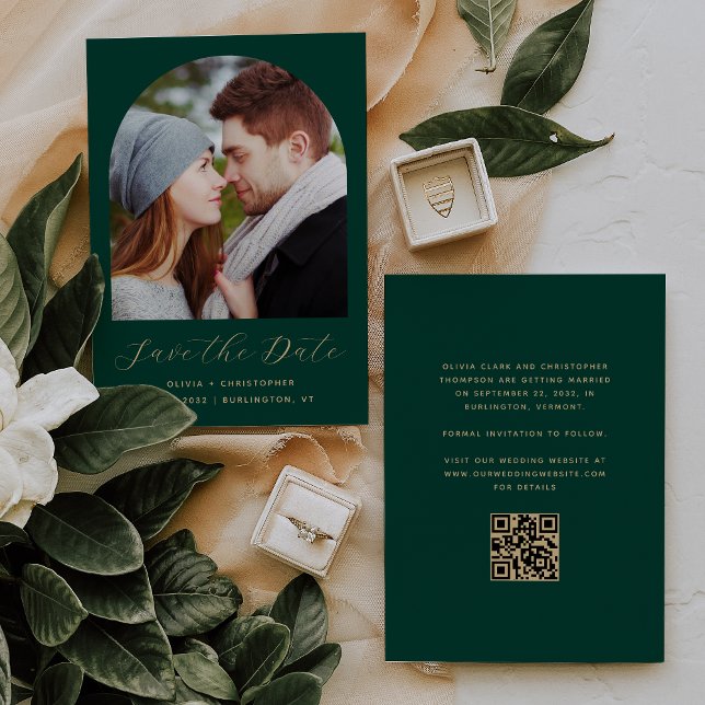 Foto Arch QR Code Smarald Green Gold Script Save The Date (Von Creator hochgeladen)