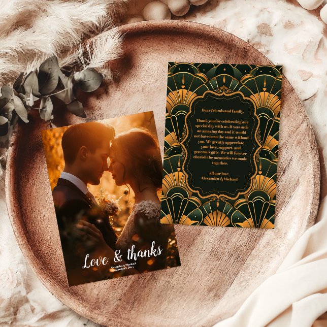 Foto Art Deco Hochzeit Diamant Gold und Grün Dankeskarte (Von Creator hochgeladen)