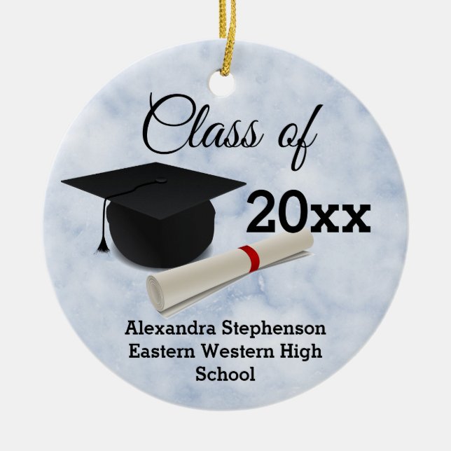 Foto auf der Rückseite Graduation Cap Diploma Blue Keramik Ornament (Vorne)