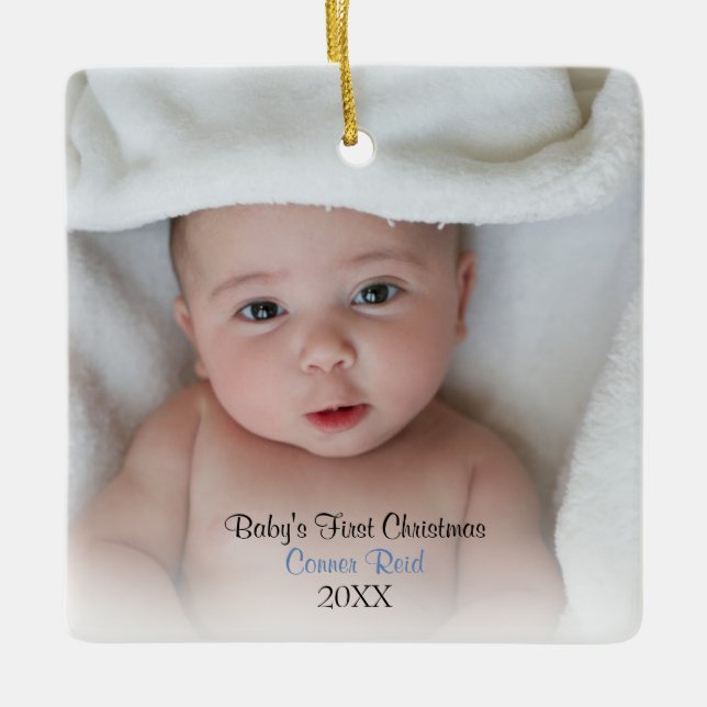 Foto Baby Boy Blue Baby's First Christmas Keramikornament (Vorderseite)