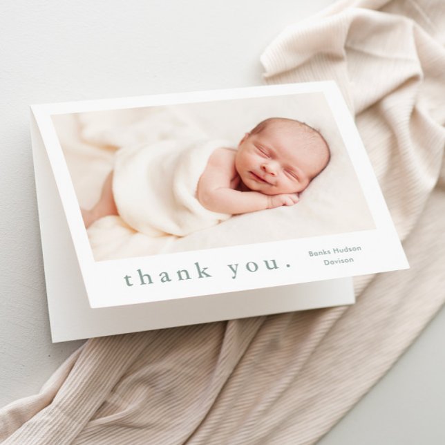 Foto Baby Dankeskarte (Simple typography sage green gender neutral baby photo thank you card.)