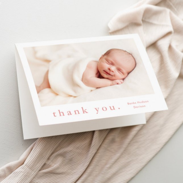 Foto Baby Dankeskarte (Simple typography pink girls baby photo thank you card.)