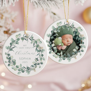Foto Baby erstes Weihnachten Eukalyptus Kranz Keramik Ornament