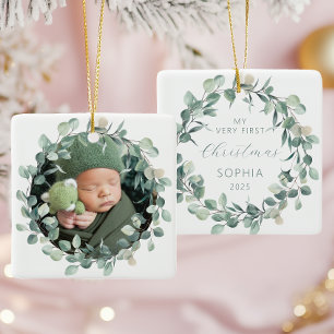 Foto Baby Erstes Weihnachten Eukalyptus-Kranz Keramikornament