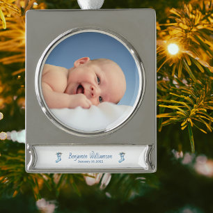 Foto Baby Mein 1. Weihnachten Benutzerdefiniert Bl Banner-Ornament Silber