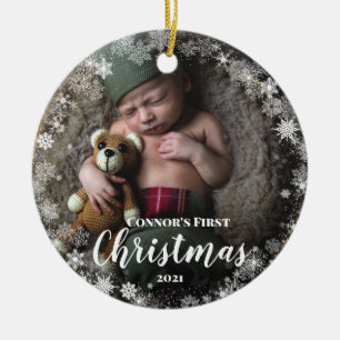Foto Babyname erstes Weihnachten Schneeflocken Rah Keramik Ornament