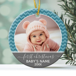 Foto Babys Erste Weihnachten - blaue Chevronen gra Keramik Ornament