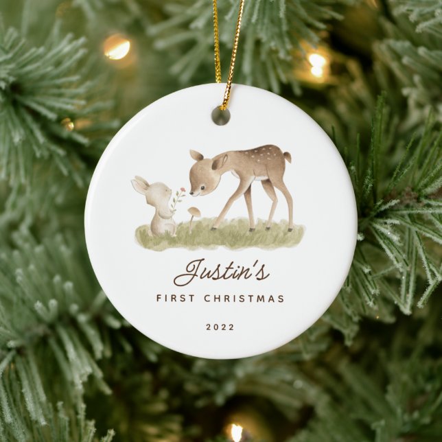 Foto Baby's First Christmas Deer Bunny Keramik Ornament (Baum)