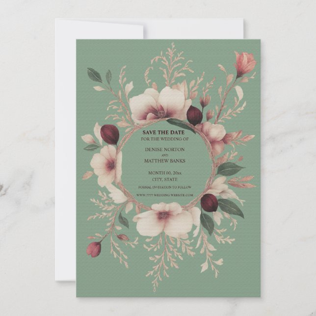 Foto Back Basil Green und Cream Floral Save The Date (Vorderseite)