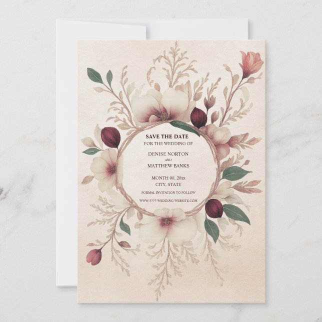 Foto Back Burgundy und Cream Floral Save The Date (Vorderseite)