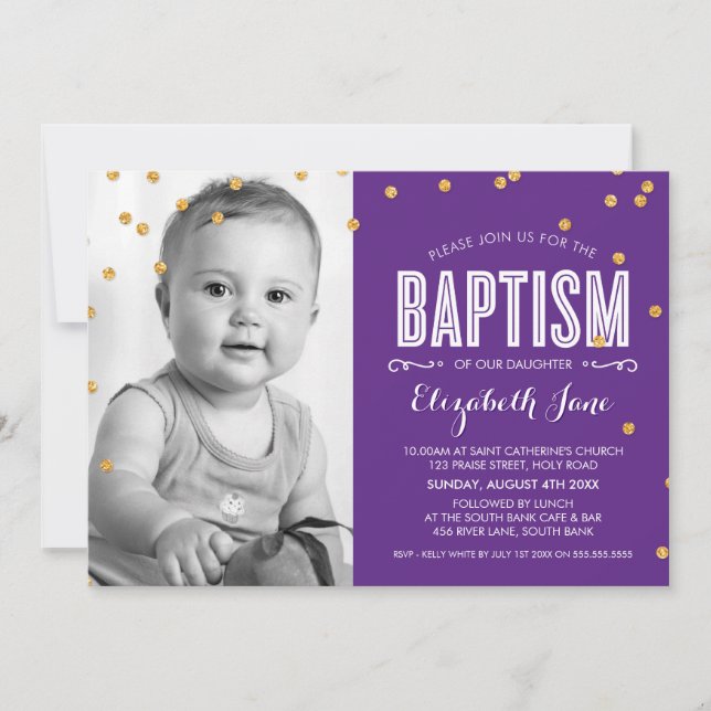 FOTO BAPTISM niedlichen Gold Glitzer Konfetti lila Einladung (Vorderseite)