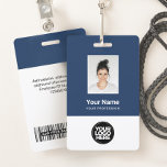 Foto, Bar, Logo, Name des Mitarbeiters<br><div class="desc">Dieses Abzeichen für den benutzerdefinierten Mitarbeiternamen kann einfach mit Foto,  Scan-Bar und Firmenlogo personalisiert werden. Ein einfaches Business-Design in marineblau-weißer Farbe,  das in Vorder- und Rückengrößen vollständig anpassbar ist,  serifenlose,  einfache und moderne Schriftart und ein berufliches und klares Aussehen. Erhältlich mit Lanyard,  Metallklammer oder mit Retraktikett. Keine Mindestbestellung.</div>