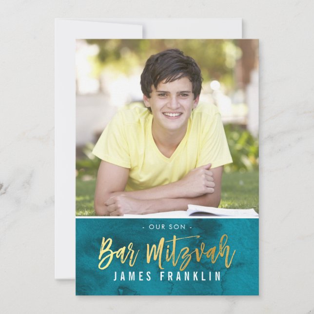 FOTO BAR MITZVAH aquamariner Blaugoldtyp Einladung (Vorderseite)