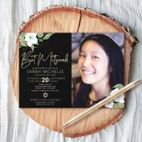 Foto Bat Mitzvah Black Gold Floral Watercolor