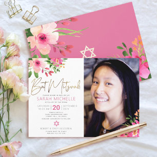 Foto Bat Mitzvah Floral Wasserfarbe Gold Schrift Einladung