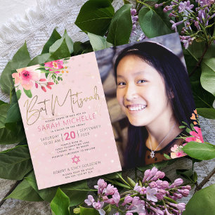 Foto Bat Mitzvah Pink Floral Wasserfarbe Schrift Einladung