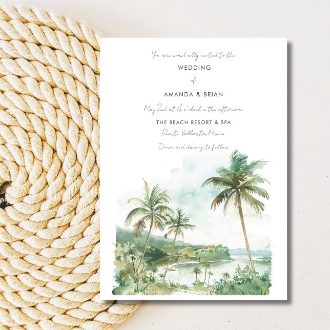 Foto Beach Hochzeit in Urlaubsort Einladung (Watercolor Photo Beach Destination Wedding Invitation)