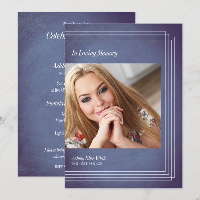 Foto Beerdigung Einladung Blue Imitats Metallic (Vorne/Hinten)