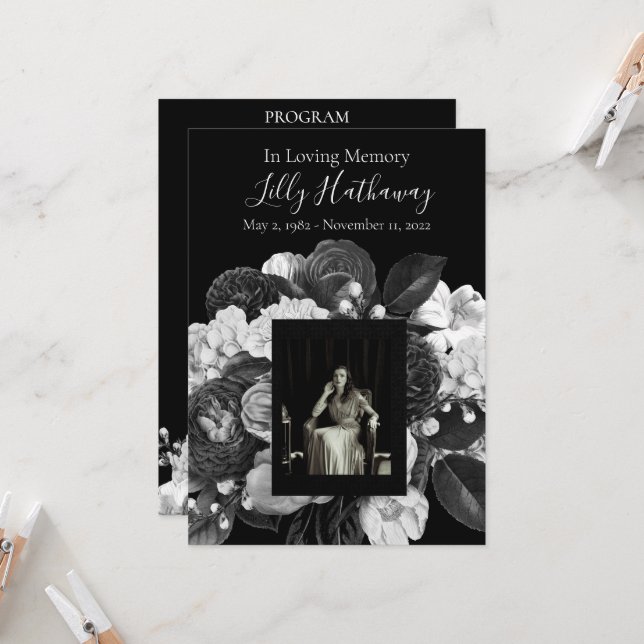 Foto-Beerdigung für Schwarze und Weiße Blume Einladung (Vorderseite/Rückseite Beispiel)