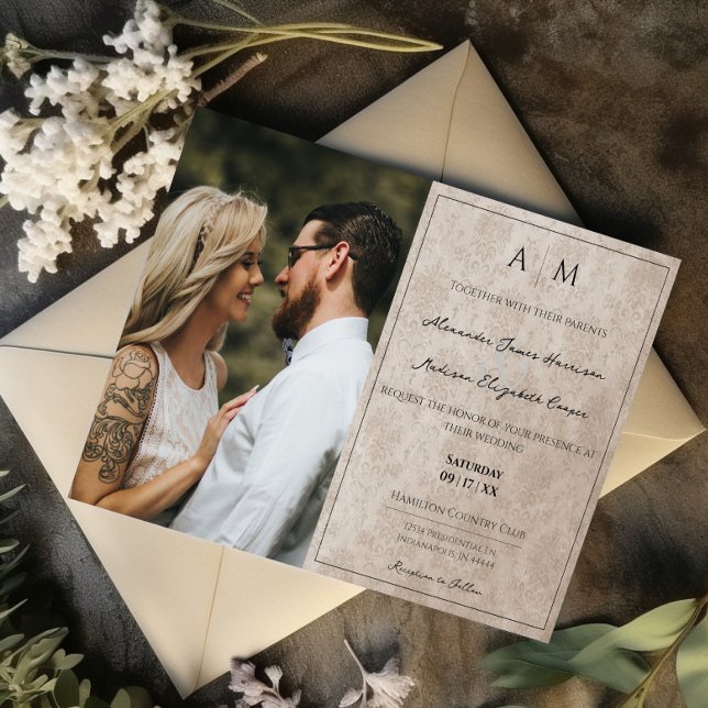 Foto Beige Damask Monogram Weditation Einladung (Beige Photo Damask Monogram Wedding Invitation)