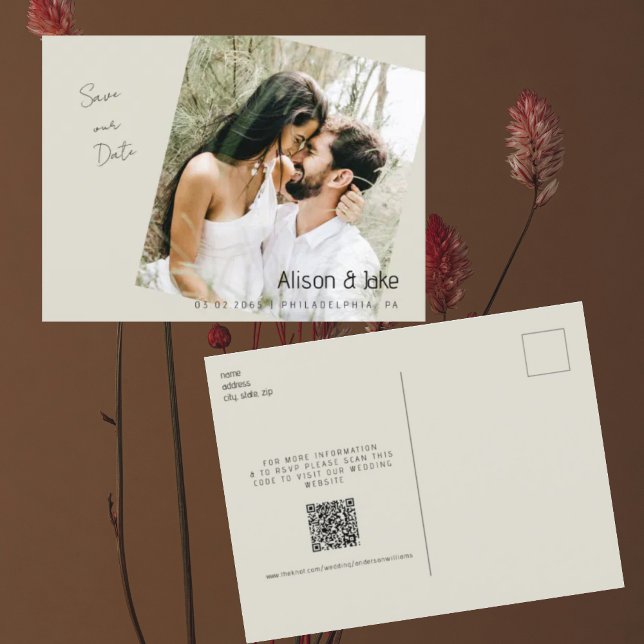 Foto Beige Save the Date Hochzeit QR-Code Postkarte (Von Creator hochgeladen)
