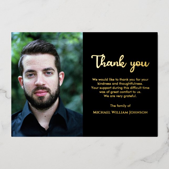 Foto Beileid Bereavement Beerdigung Schwarzes Gold Folieneinladung (Vorderseite)