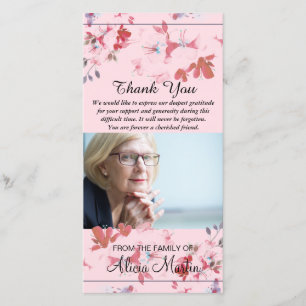 Foto-Beileids-Denkmal danken Ihnen rosa Blumen Dankeskarte